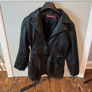 Vintage Phase 2 Leather Jacket Mens Large Black with Belt Trench Coat 80s RARE